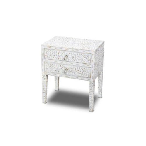 Pearl Inlay Floral 2 Drawer Bedside – White, 56cm W x 46cm D x 58cm H