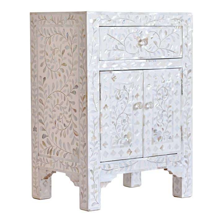 Charlotte Pearl Inlay Floral Nightstand – White
