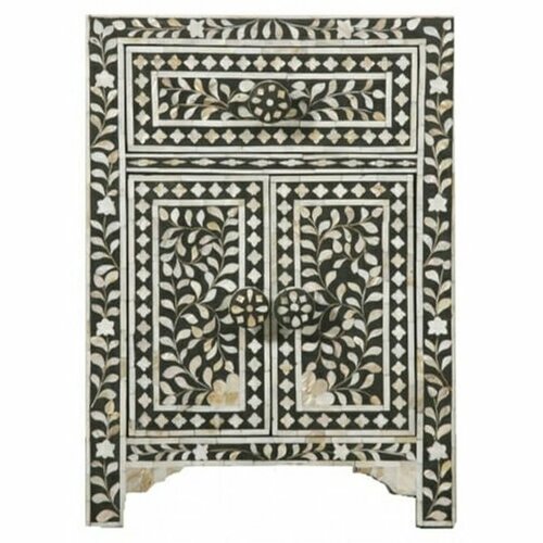 Charlotte Pearl Inlay Floral Nightstand – Black