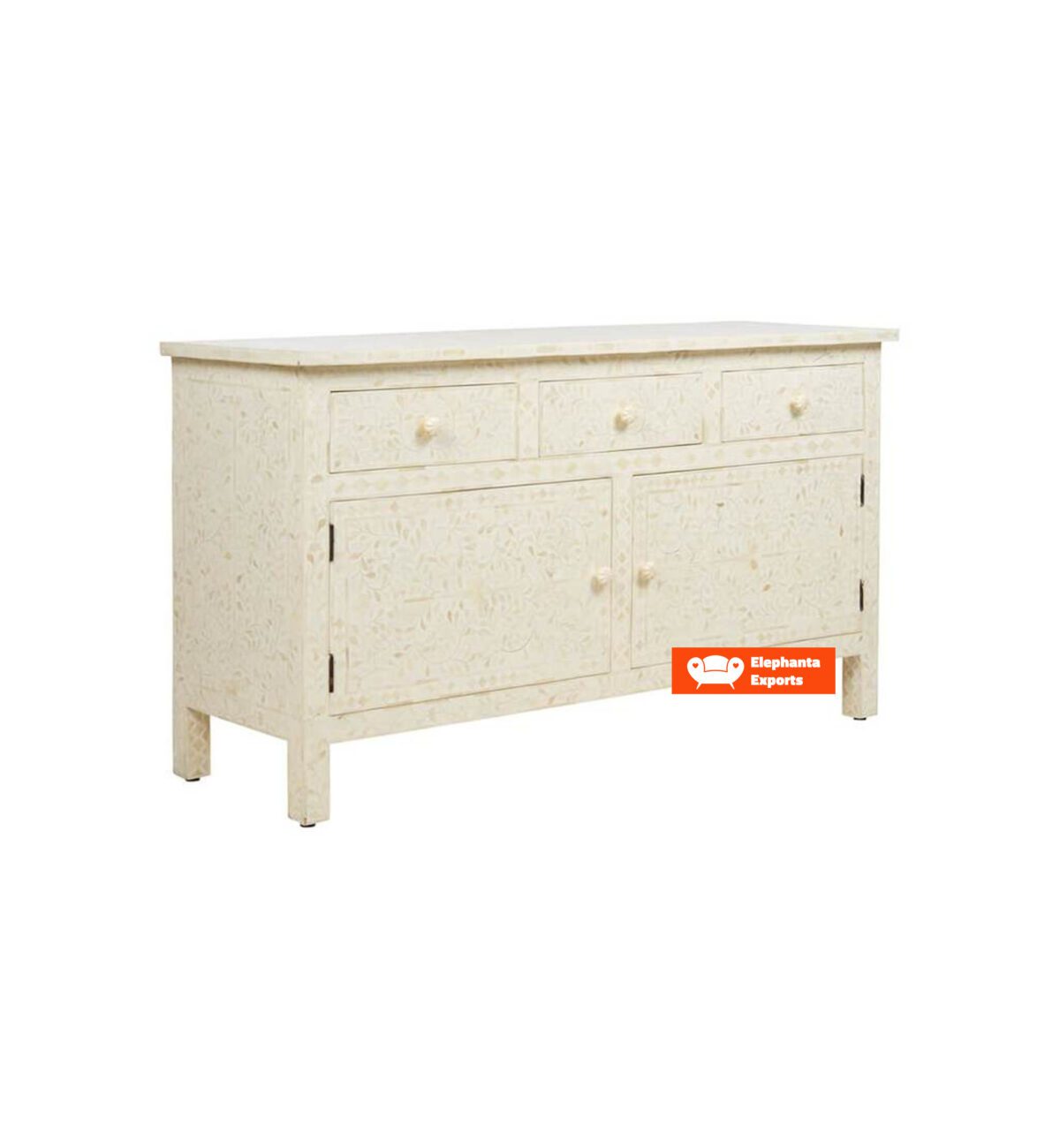 Floral Bone Inlay 3 Drawers and 2 Door Side Board in White