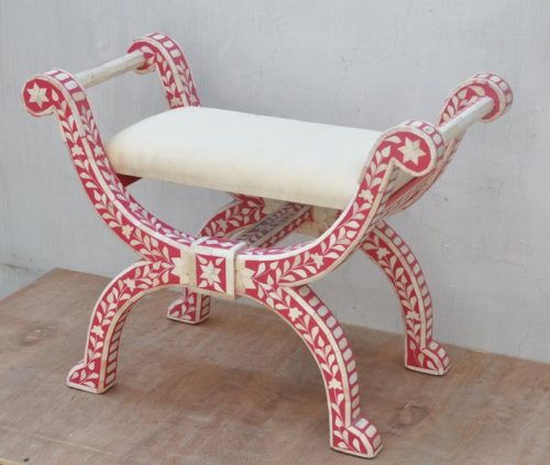 Floral Bone Inlay Ottoman / Roman Stool / Provincial Seating – White