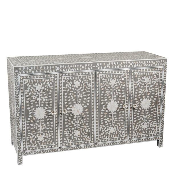 Mother of Pearl Inlay 4 Door Sideboard / Buffet Table Floral Design in Grey