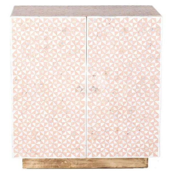 Geometric Design Mother of Pearl Cabinet with Brass Polished Base in Light Pink