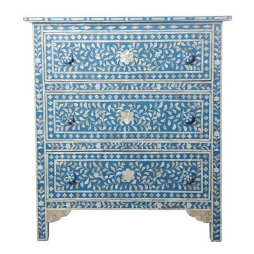 Mother of Pearl Inlay Chest of 3 Drawers in Blue – Small