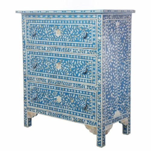 Mother of Pearl Inlay Chest of 3 Drawers in Blue – Small