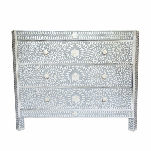Bone Inlay Floral Chest of 3 Drawers Tapered Edges – Grey
