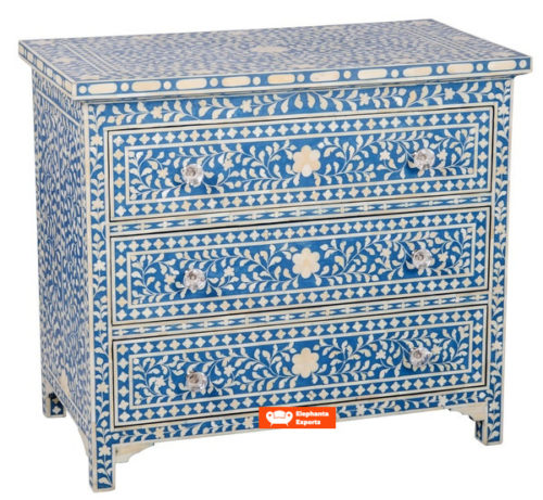 Bone Inlay Chest of 3 Drawers Floral – Blue