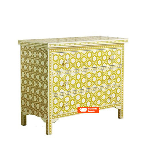 Bone Inlay Chest of 3 Drawers in Mustard Color Floral