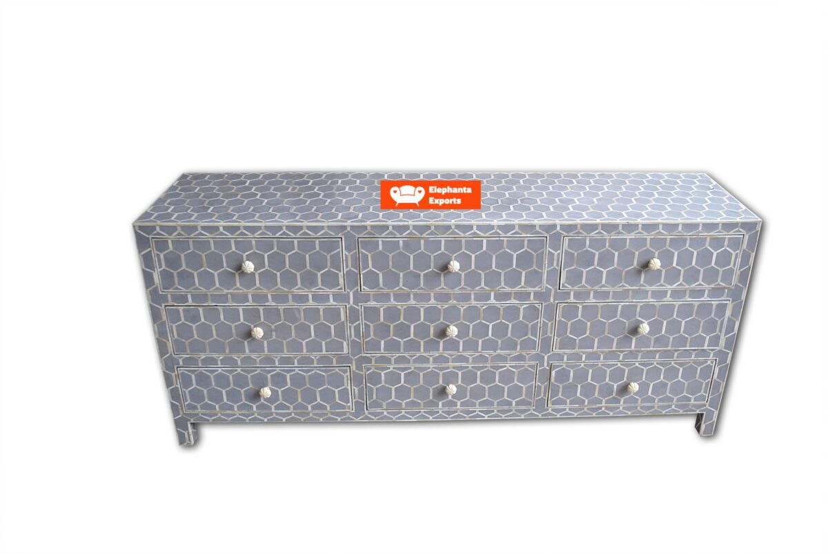 Bone Inlay 9 Drawer Dresser Honeycomb Design – Grey