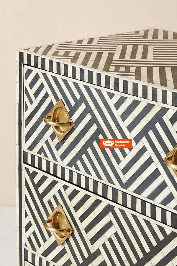 Striped Design Bone Inlay Chest of 9 Drawers – White