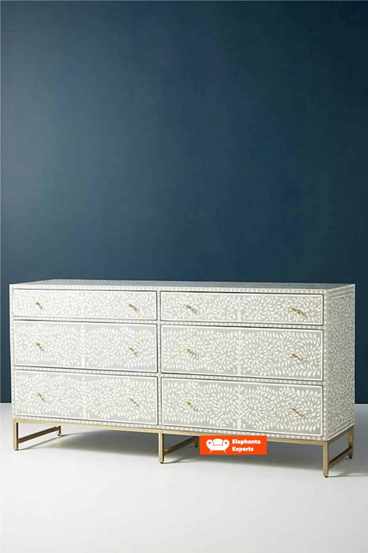 Floral Intertwine Bone Inlay Chest of 6 Drawers – Grey