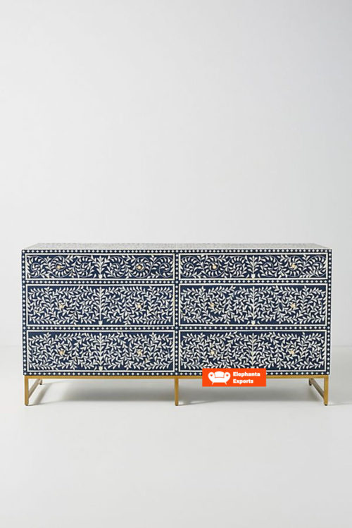 Floral Intertwine Bone Inlay Chest of 6 Drawers – Navy Blue
