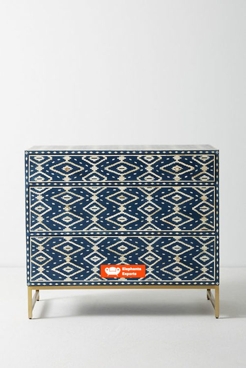 Ikat Design Handmade Bone Inlay Chest of 3 Drawers Table in Blue