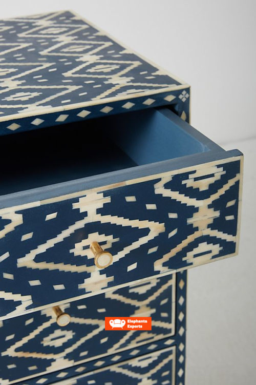 Ikat Design Handmade Bone Inlay Chest of 3 Drawers Table in Blue