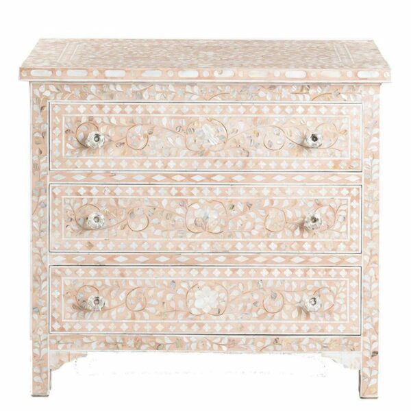Floral Design Mother of Pearl Inlay Chest of 3 Drawers – Blush Pink