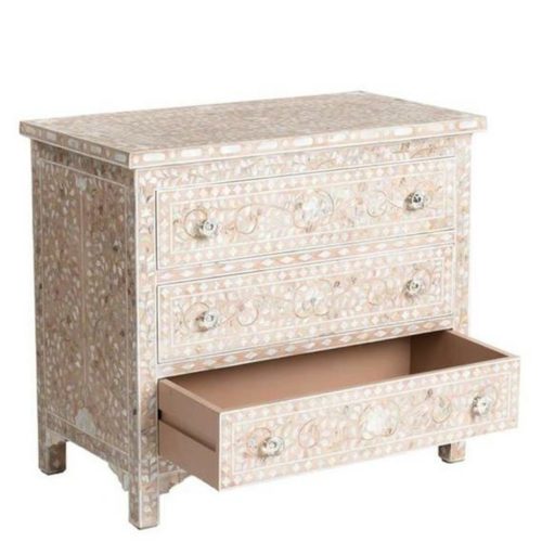 Floral Design Mother of Pearl Inlay Chest of 3 Drawers – Blush Pink