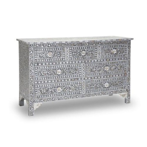 Floral Design Mother of Pearl Inlay 7 Drawer Dresser – Dove Grey, Large- 150cm W x 50cm D x 85cm H