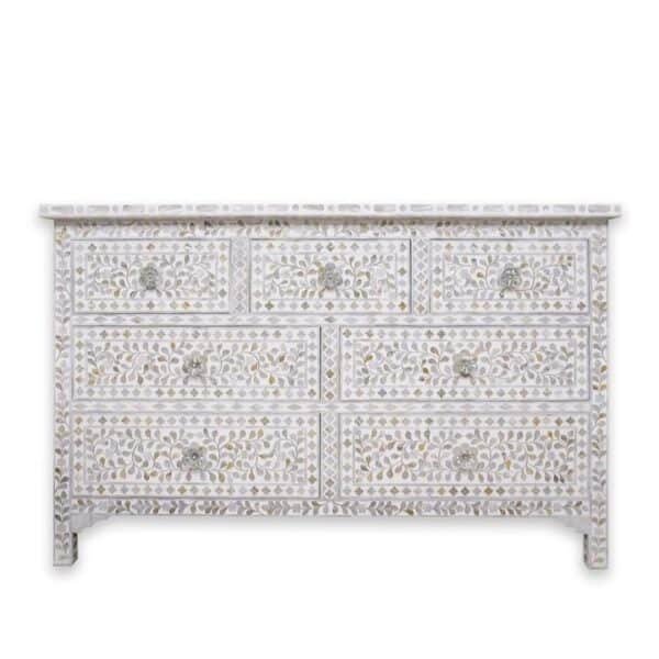 Floral Design Mother of Pearl Inlay 7 Drawer Dresser – Dove Grey, Large- 150cm W x 50cm D x 85cm H