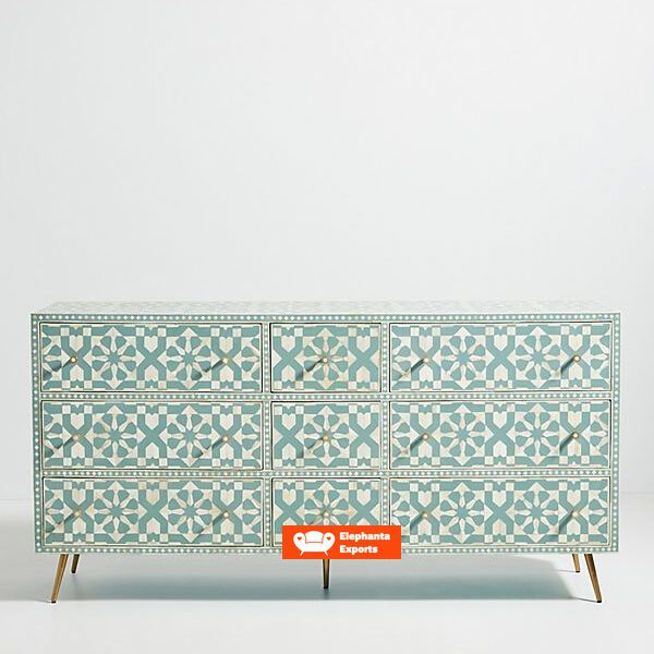 Moroccan Bone Inlay Chest of 9 Drawers in Light Green
