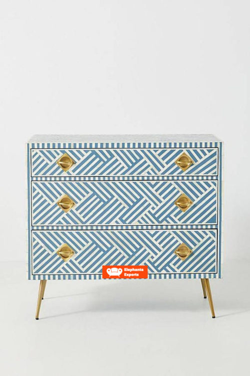 Optical Design Bone Inlay Chest of 3 Drawers – Blue