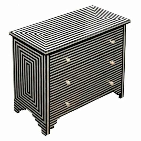 Striped Pattern Bone Inlay Chest of 3 Drawers in Black