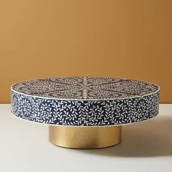 Bone Inlay Coffee Table Floral Intertwine with Brass Polished Base – Navy Blue