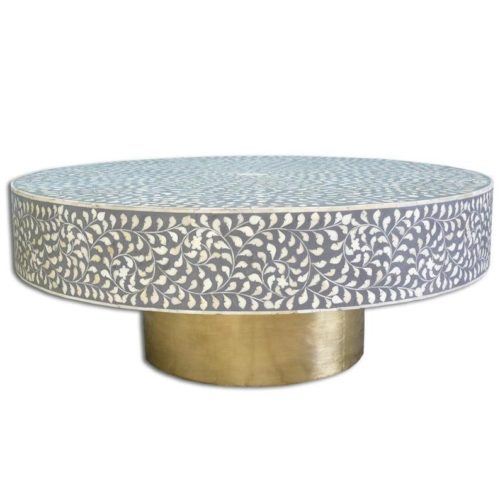 Bone Inlay Coffee Table Floral Intertwine with Brass Polished Base – Grey