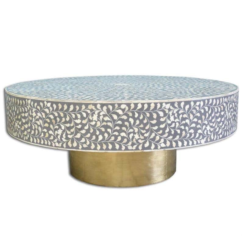 Bone Inlay Coffee Table Floral Intertwine with Brass Polished Base – Grey