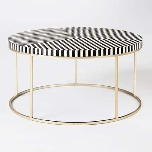 Striped Bone Inlay Coffee Table in Black with Metal Stand Round