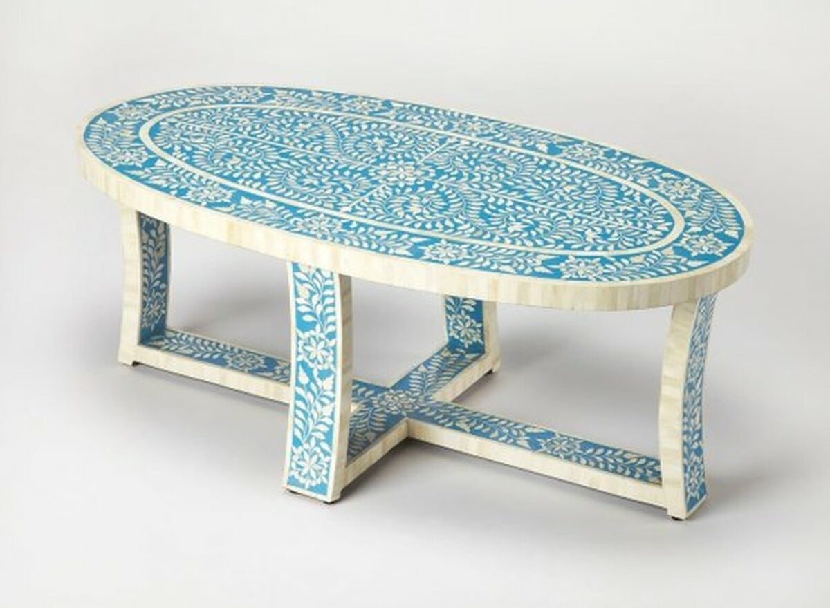 Bone Inlay Floral Coffee Table in Blue