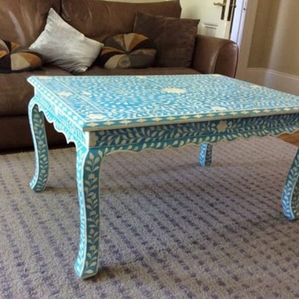Floral Bone Inlay Coffee Table / Centre Table in Blue