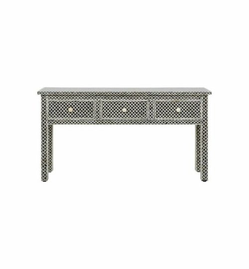 Bone Inlay Console / Desk with 3 Drawers Fish Scale Pattern – Light Blue, Large – 140cm W x 47cm D x 76cm H