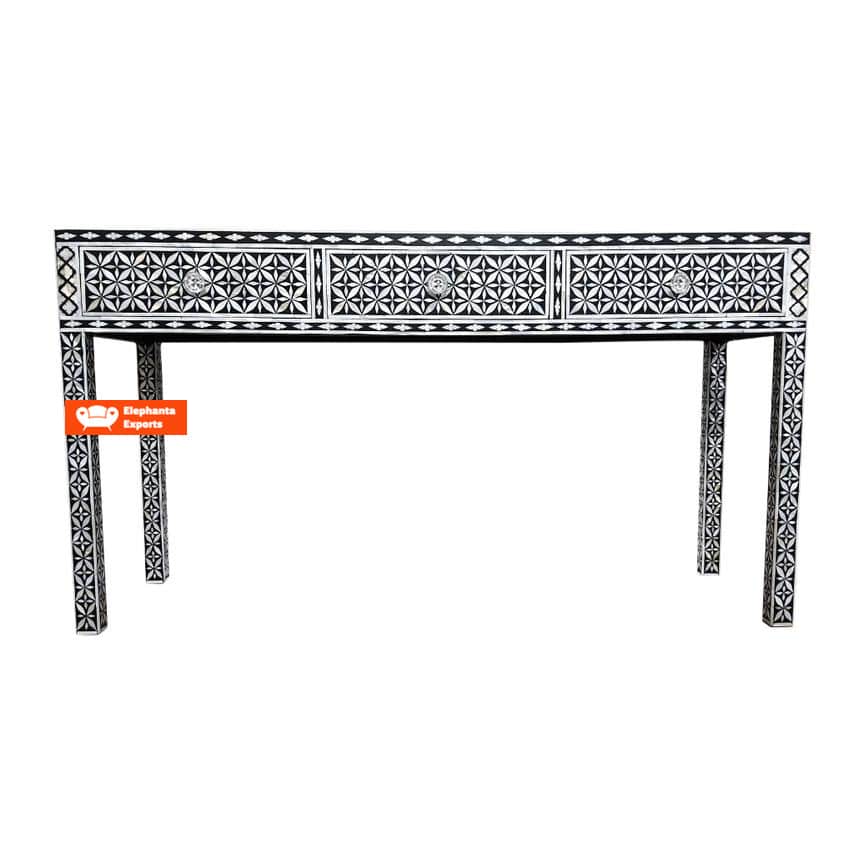Geometric Mother of Pearl Inlay Console in Black – Large – 140cm W x 47cm D x 76cm H