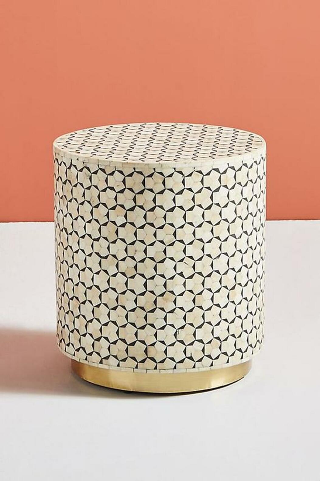Targua Bone Inlay Drum / Side table in Black and White with Brass polished Base