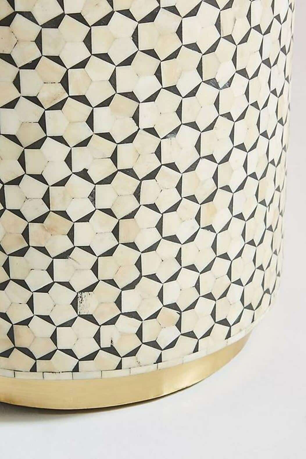 Targua Bone Inlay Drum / Side table in Black and White with Brass polished Base