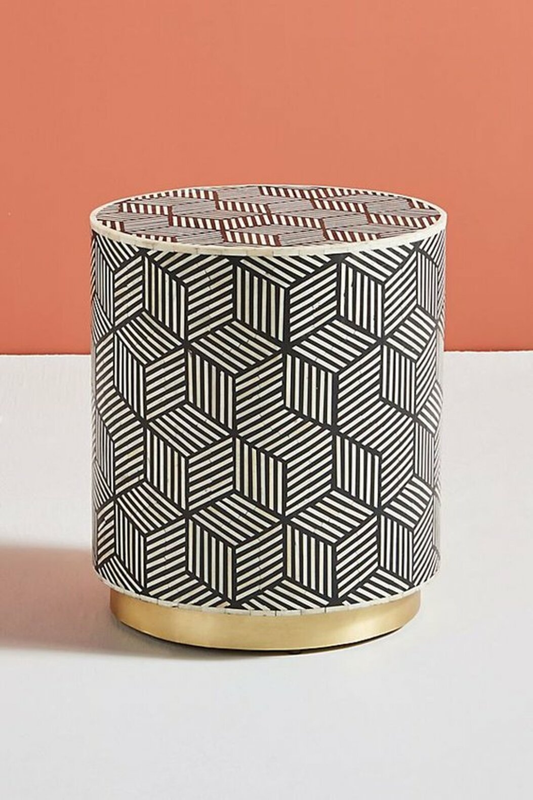 Bone Inlay Drum / Side table in Black with Brass Polished Base