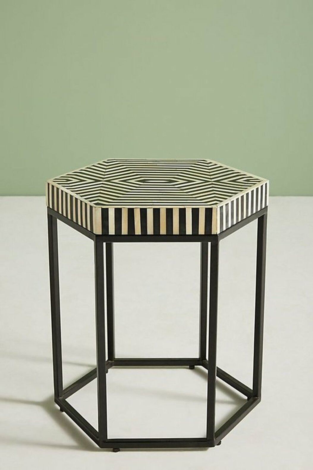 Striped Hexagonal Bone Inlay Side Table – Black