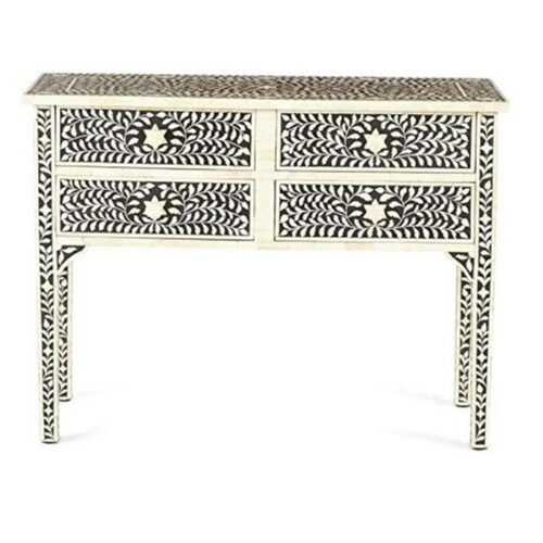 Floral Bone Inlay Console with 4 Drawers in Black