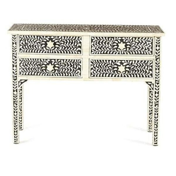 Floral Bone Inlay Console with 4 Drawers in Black