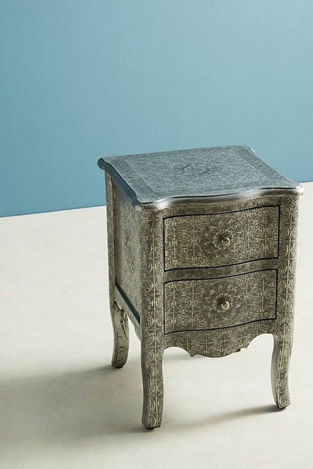 German Silver Bedside with 2 Drawers – Antique Finish