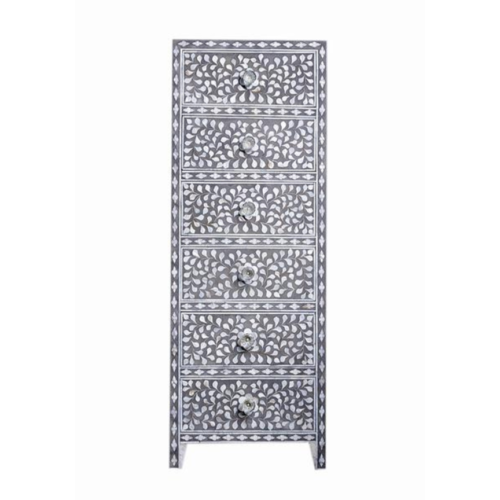 Mother of Pearl Inlay Tall Boy Chest Floral in Grey – Large- 50cm W x 46cm D x 125cm H