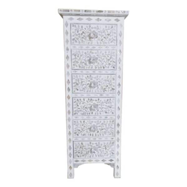 Mother of Pearl Inlay Tall Boy Chest Floral in White – Large- 50cm W x 46cm D x 125cm H