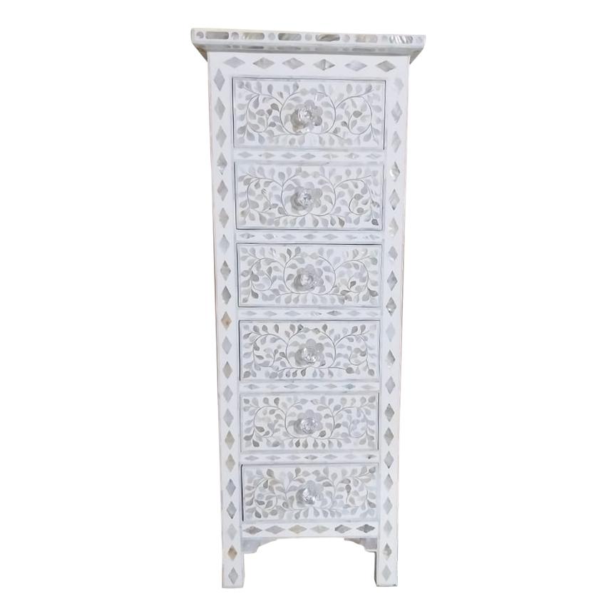 Mother of Pearl Inlay Tall Boy Chest Floral in White – Large- 50cm W x 46cm D x 125cm H