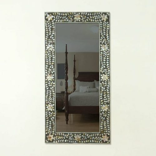 Rectangular Floral Mother of Pearl Inlay Mirror in Black