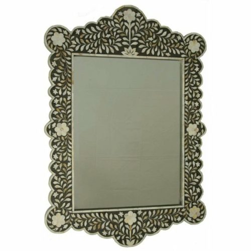 Scalloped Mother of Pearl Inlay Mirror Floral – Black