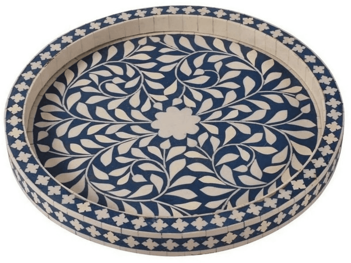 Floral Bone Inlay Round Tray – Navy Blue