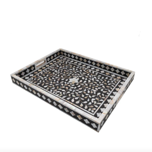 Floral Mother of Pearl Inlay Tray – Black