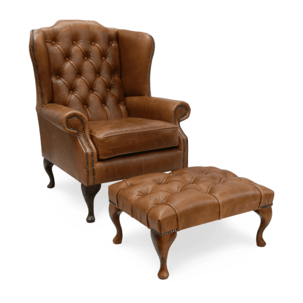Chesterfield High Back Leather Chair and Footstool Tan