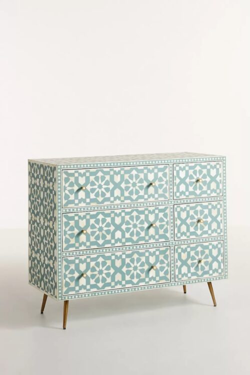 Moroccan Bone Inlay Chest of 6 Drawers in Green