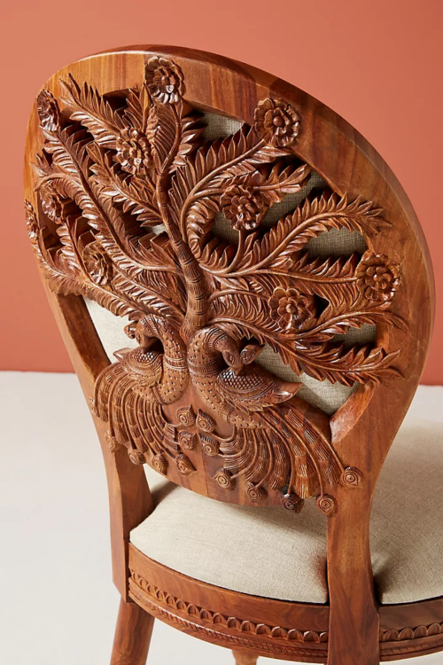 Handcarved Peacock Dining Chair - Black